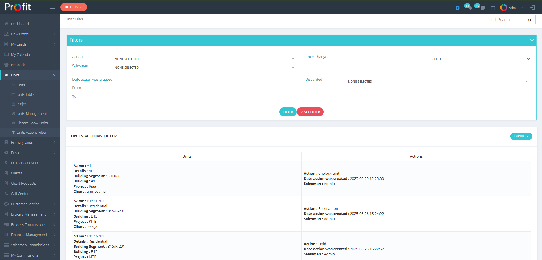 Units Actions Filter Section Guide